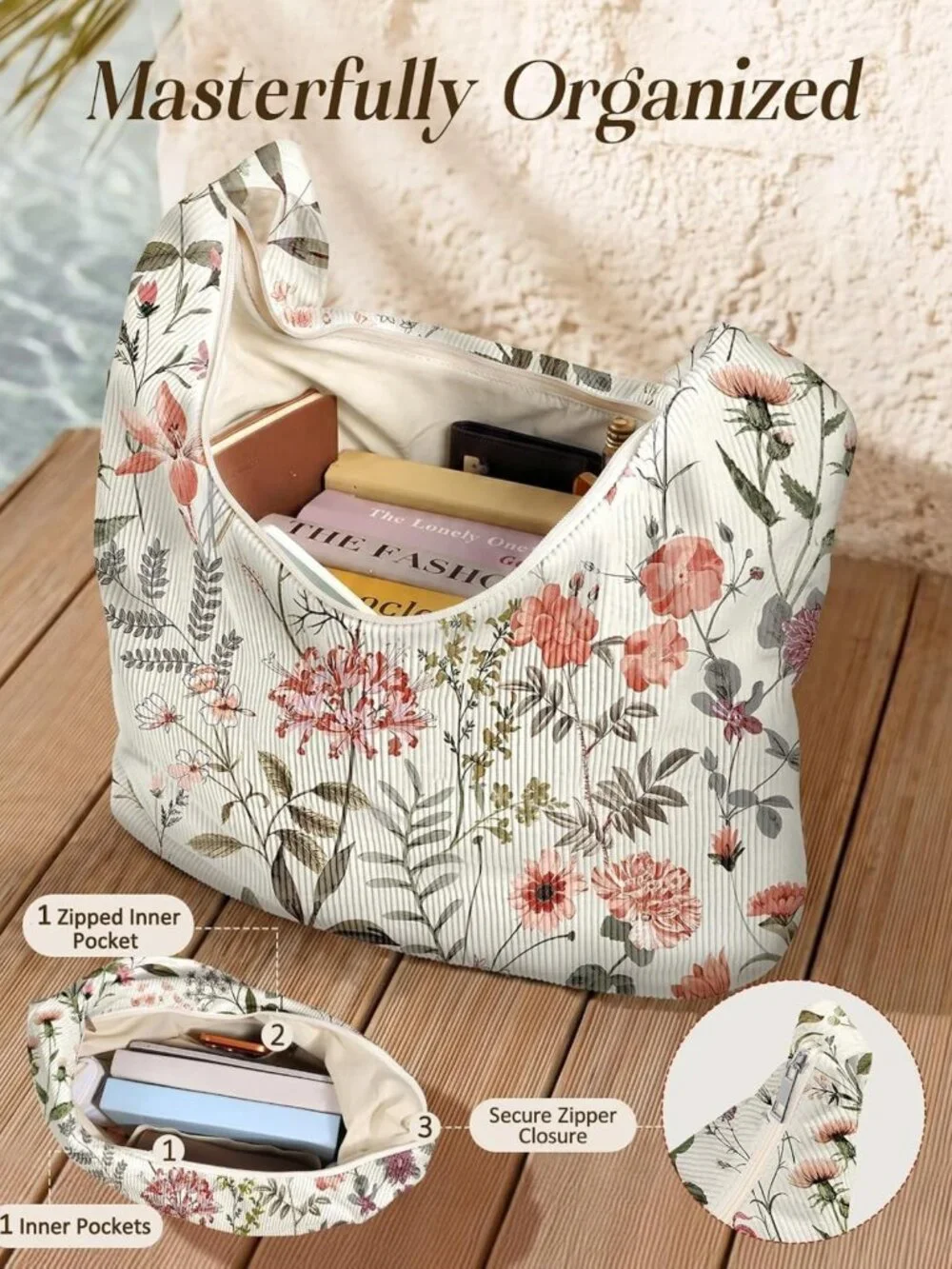 Stylish Large Corduroy Hobo Tote Bag for Women - Zipper Closure, Versatile